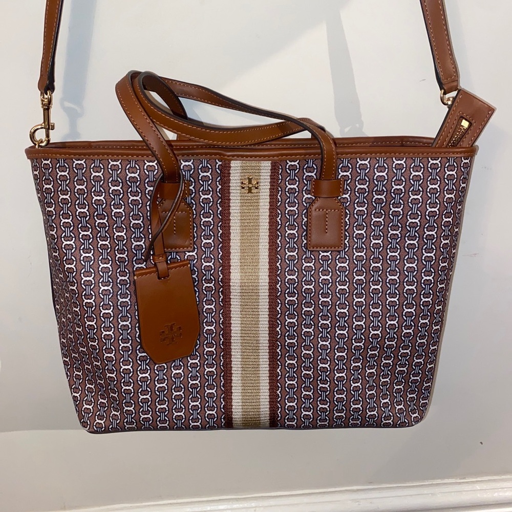 Tory Burch Brown Patterned Canvas Tote with Tan Stripe and Leather Trim
